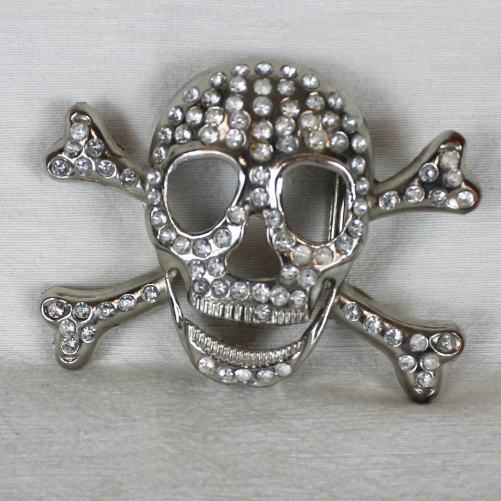Skull & Crossbones Rhinestone Cutout Belt Buckle Silver Pirate Skull Embellished